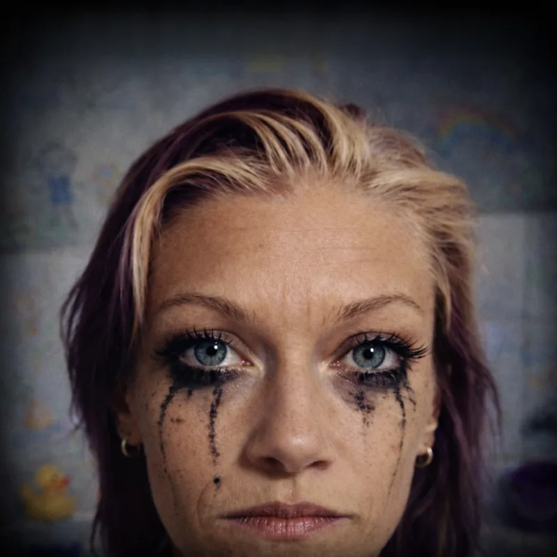 The Harder Than the Army album cover — a close portrait, mascara run down, children's drawings on the wall behind.