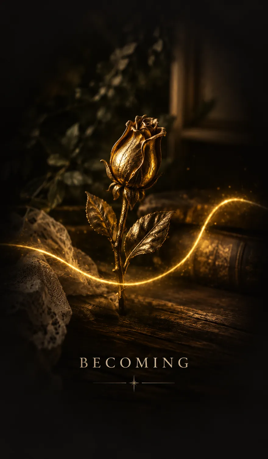 A golden rosebud on a stem in lace and low light, the gold thread sweeping past it. Becoming.