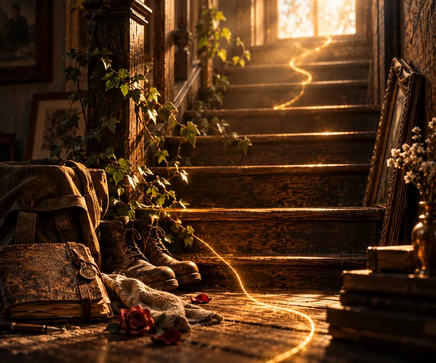 An old staircase climbing toward warm light from a window above, a gold thread running up the steps past worn boots and a journal.