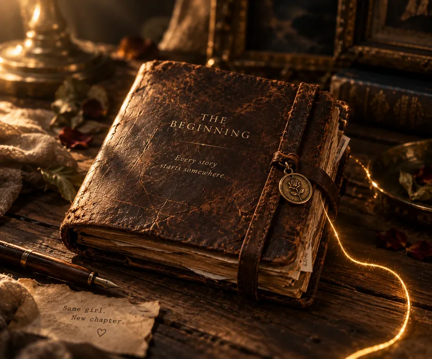A worn leather journal titled The Beginning, bound shut, a gold thread trailing across the desk beside it.