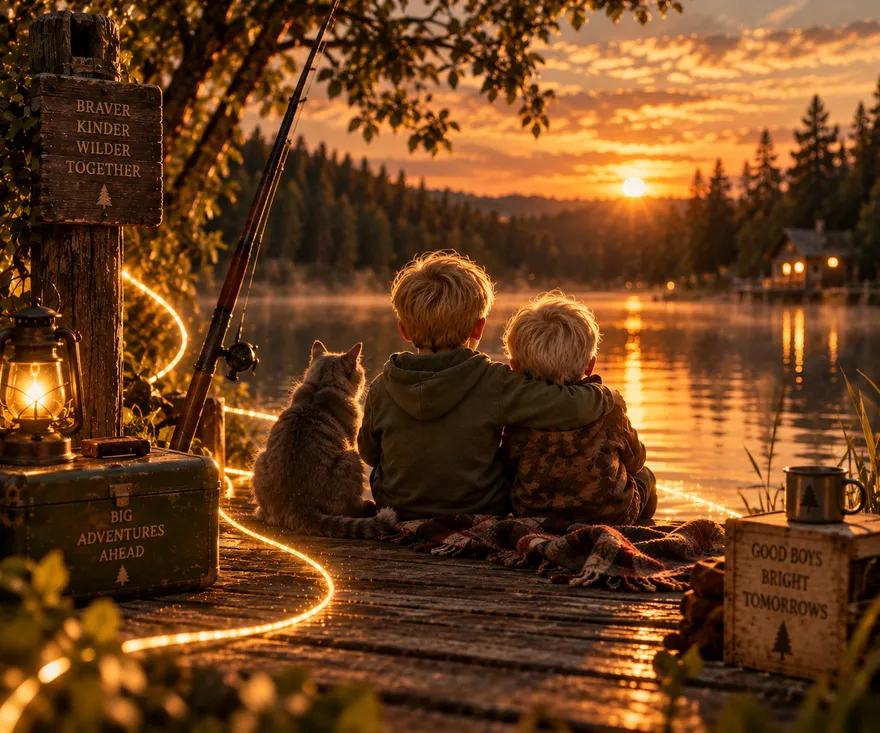 Two young boys and a cat on a lakeside dock at sunset, a gold thread of light curling along the boards beside them.