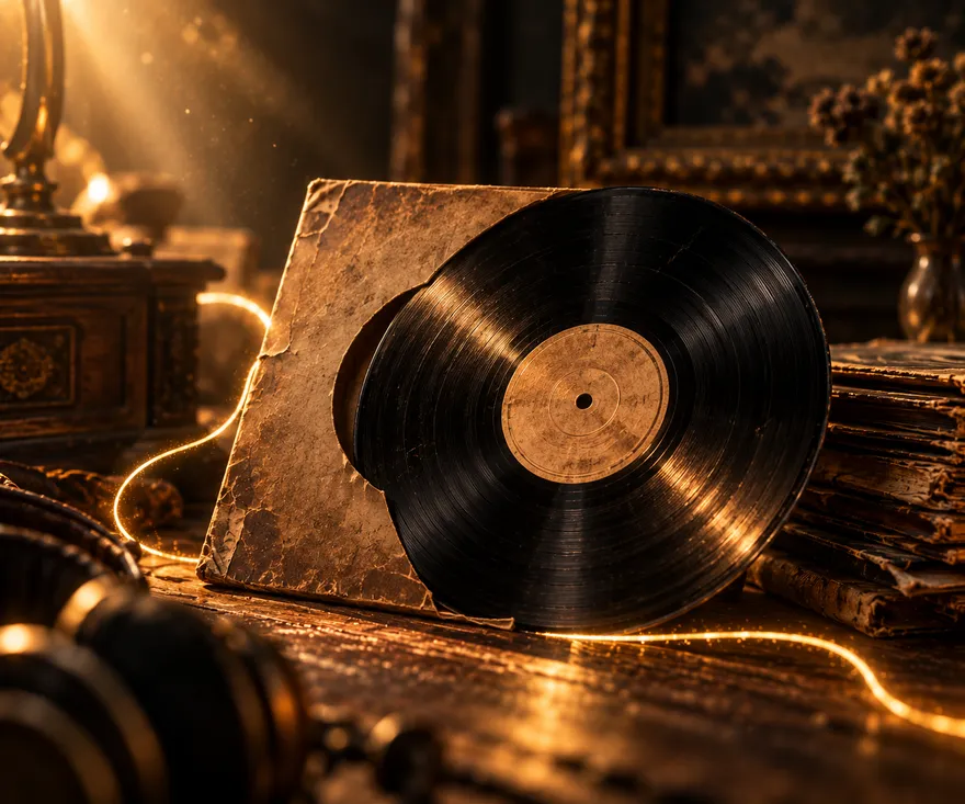 A vintage vinyl record half out of its worn sleeve in warm light, a gold thread winding across the table.