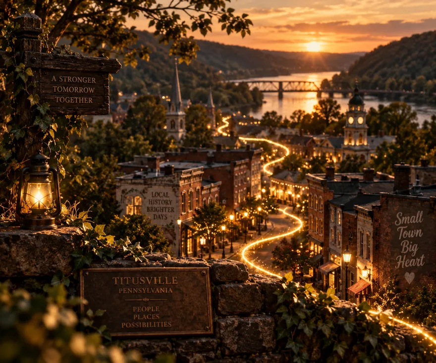 Titusville, Pennsylvania at dusk — a gold thread of light winding down the lamplit main street toward the river bridge.