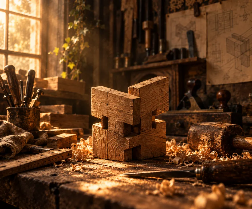 A handcrafted wooden joinery piece on a carpenter’s bench among shavings, chisels, and warm workshop light.