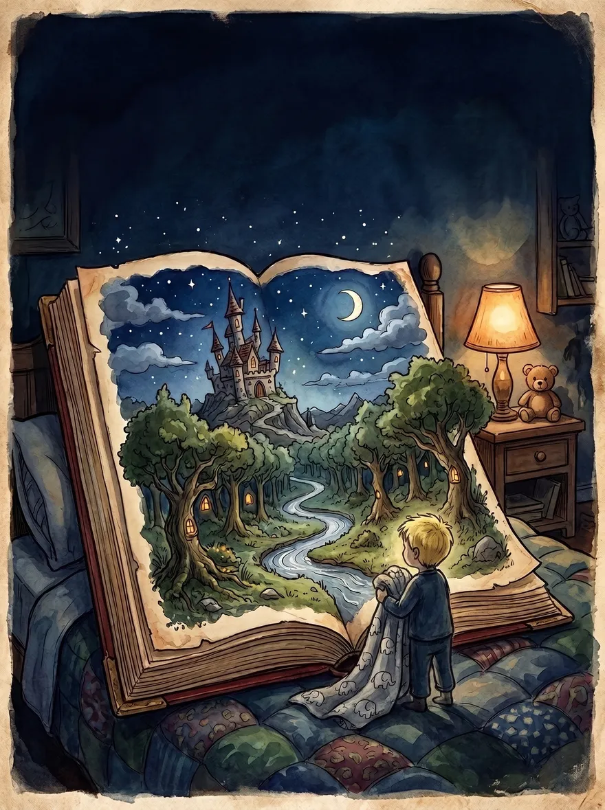 A child before an open magical book, a whole world rising glowing from its pages.